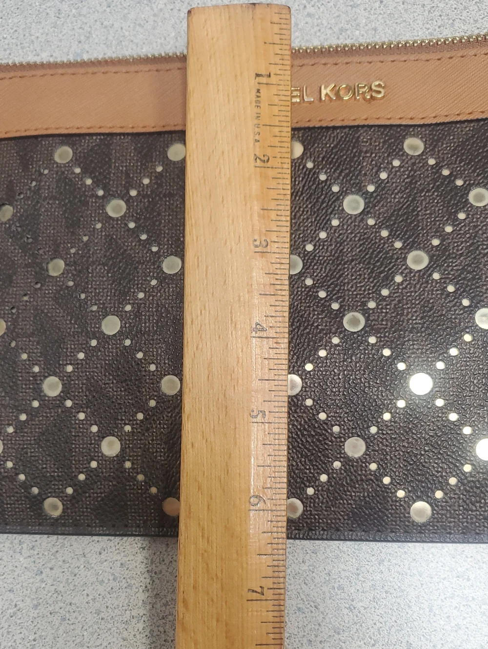 Michael Kors Dark Brown Perforated Zip Clutch with Tan Trim
